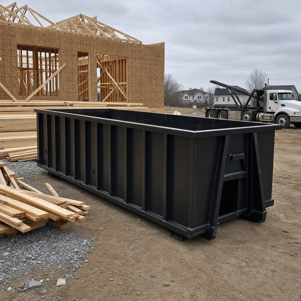 Matte-black 40-yard roll-off dumpster staged on a framed-out residential construction site in Coon Rapids, framing lumber stacked nearby, hooklift delivery truck visible in the background under bright Colorado daylight