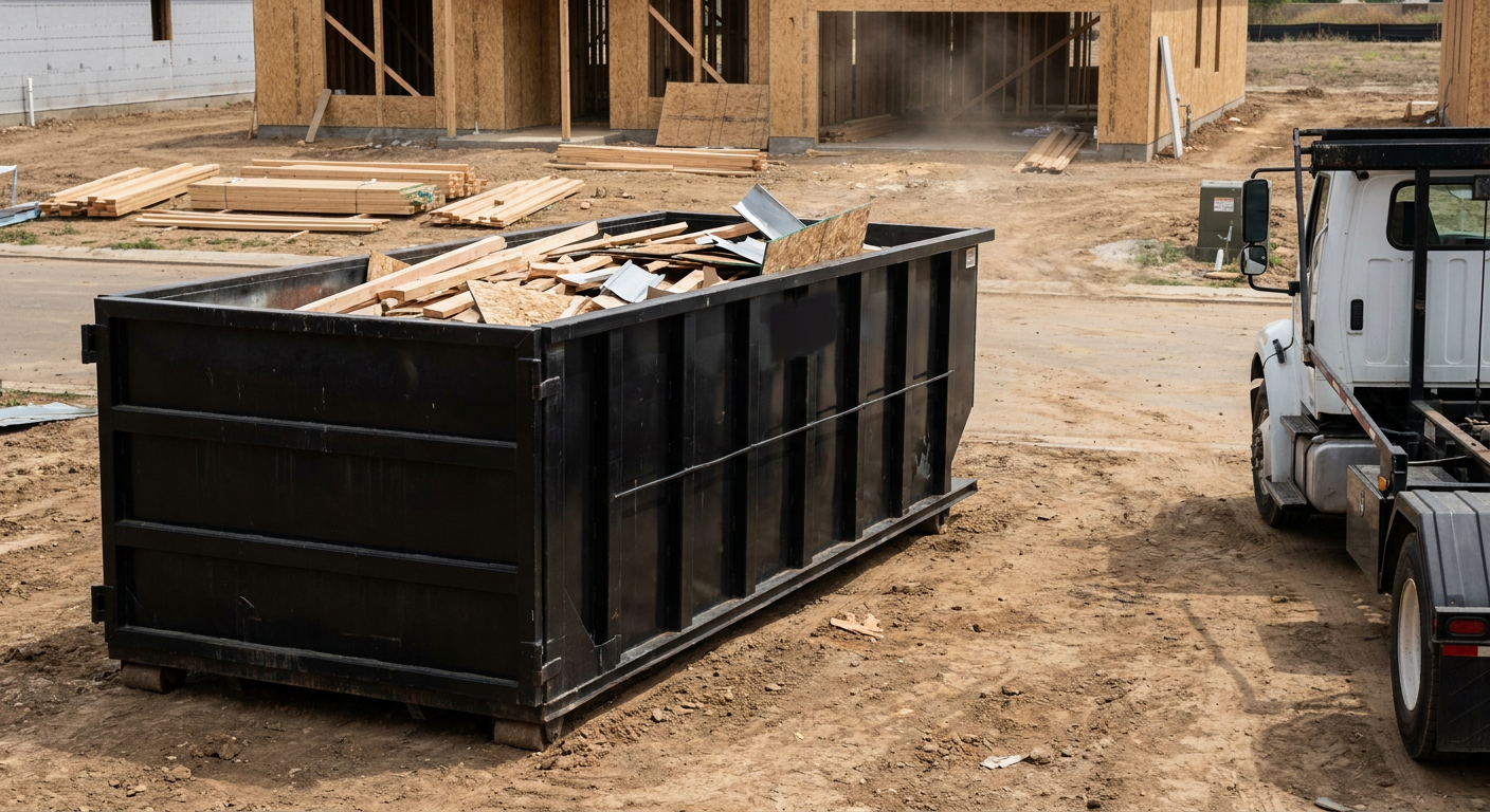 Matte-black 20-yard roll-off construction dumpster with heavy ribbed steel sidewalls and swing rear doors at a working jobsite in Coon Rapids, sitting directly on compacted dirt with an unmarked white hauler partially visible at the far edge of the frame.