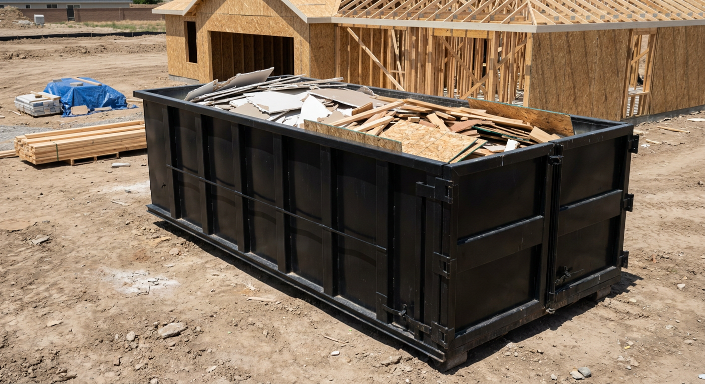 Matte-black 30-yard roll-off construction dumpster sitting directly on the compacted-dirt site of a framed single-family home build in Coon Rapids, drywall and lumber scrap loaded inside.