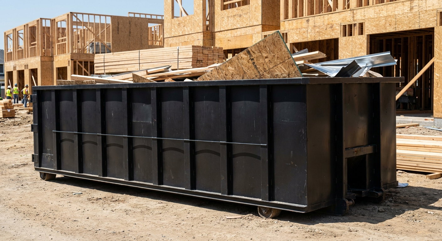 Matte-black 40-yard roll-off construction dumpster being lowered from a white-cab hooklift delivery truck onto the compacted-dirt jobsite at a commercial build site in Coon Rapids