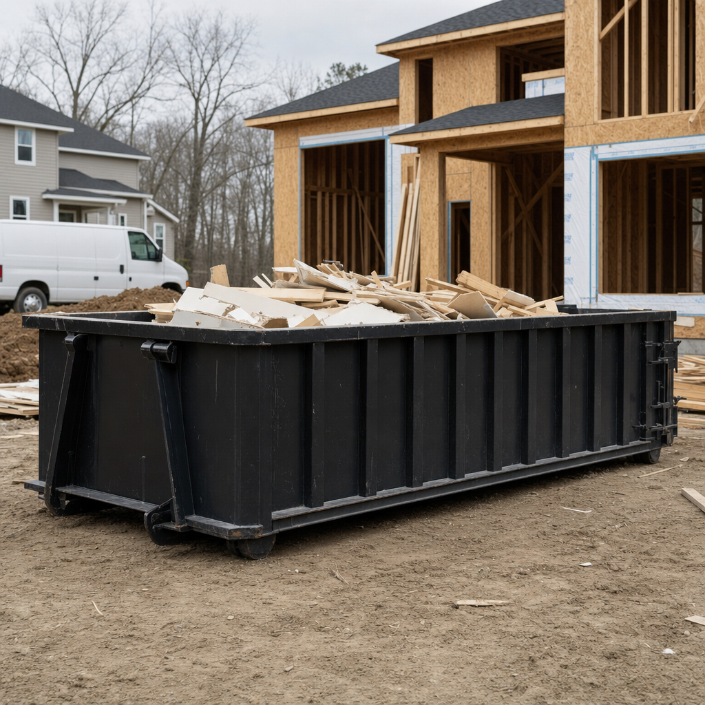 Worker in a yellow high-visibility vest tossing framing lumber and broken drywall into a matte-black 30-yard construction roll-off dumpster on an active build site in Coon Rapids, bright daylight