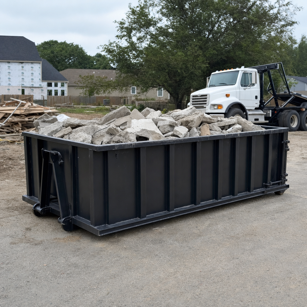 Low-profile matte-black lowboy roll-off dumpster loaded with broken concrete slab and rebar at a foundation tear-out in Coon Rapids, skid steer parked beside it, sunny Colorado morning