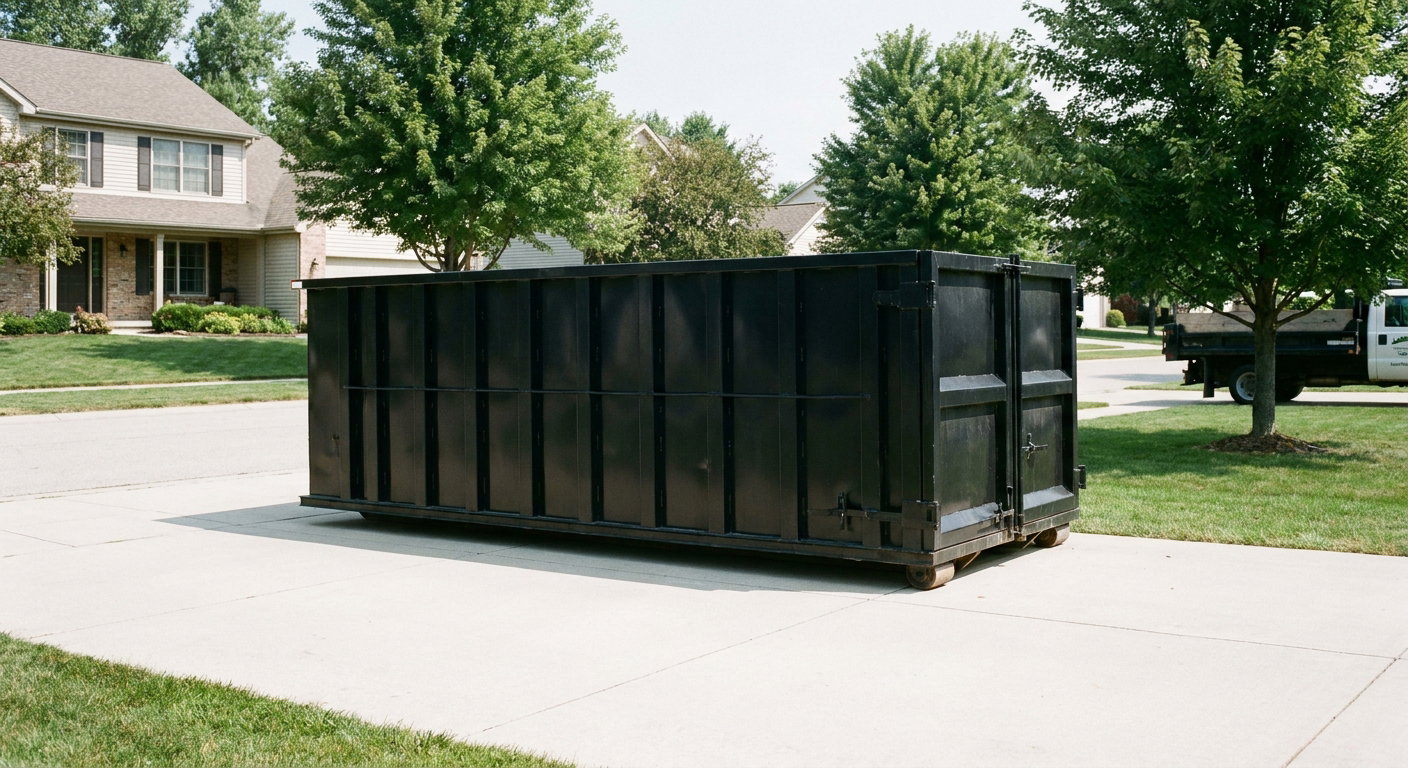 Matte-black 20-yard roll-off dumpster sitting level on a clean Coon Rapids residential concrete driveway under bright daylight, demonstrating clean placement directly on the concrete.