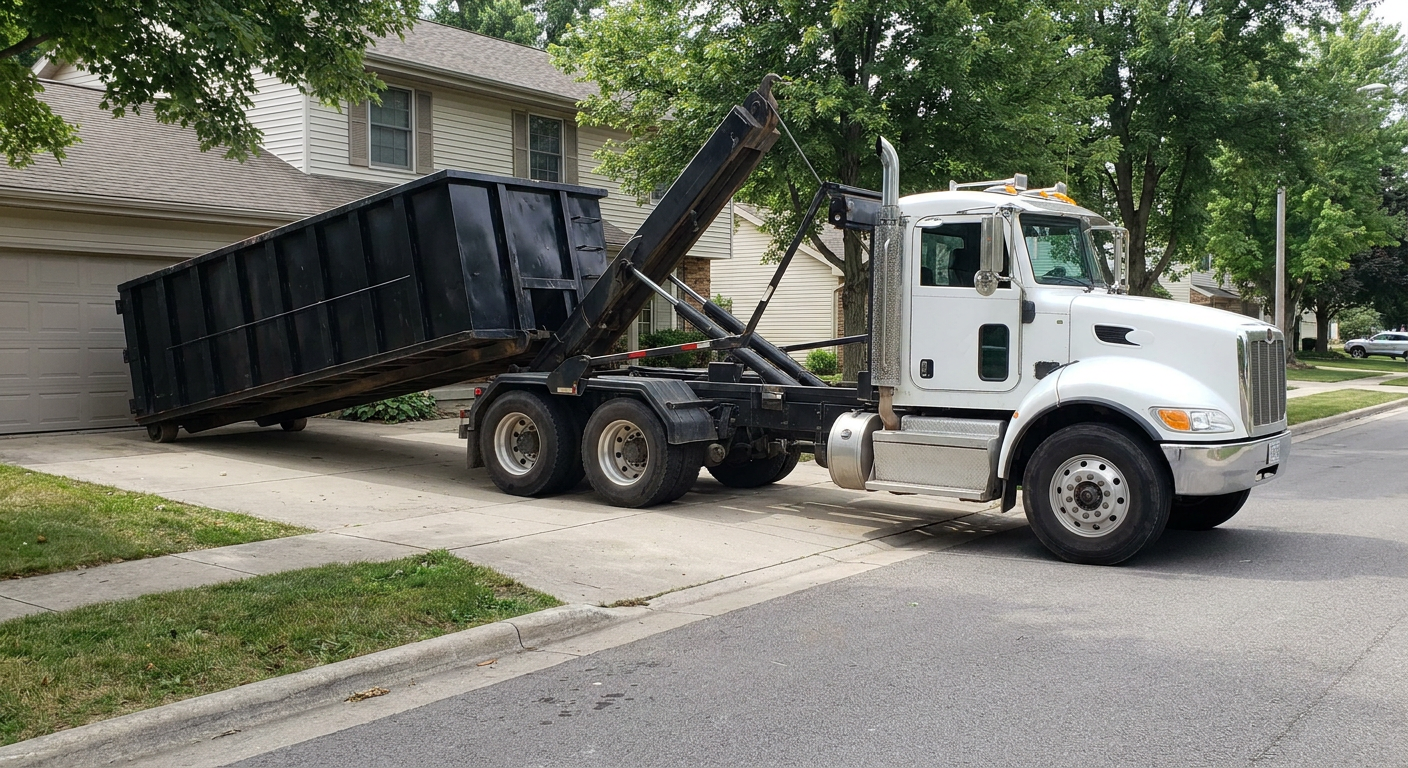 White-cab hooklift roll-off truck actively lowering a matte-black dumpster onto a Coon Rapids residential concrete driveway, the dumpster's rear wheels touching the driveway as the hoist arm tilts the bed forward, mid-morning daylight.