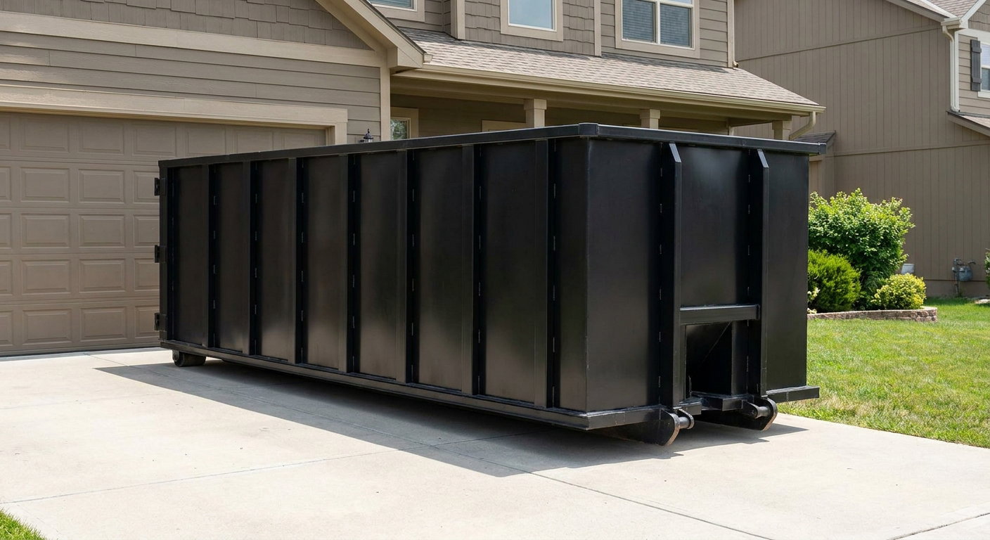 Matte-black residential roll-off dumpster sitting directly on a suburban Coon Rapids concrete driveway, garage door closed, single-family home in background, bright morning daylight.