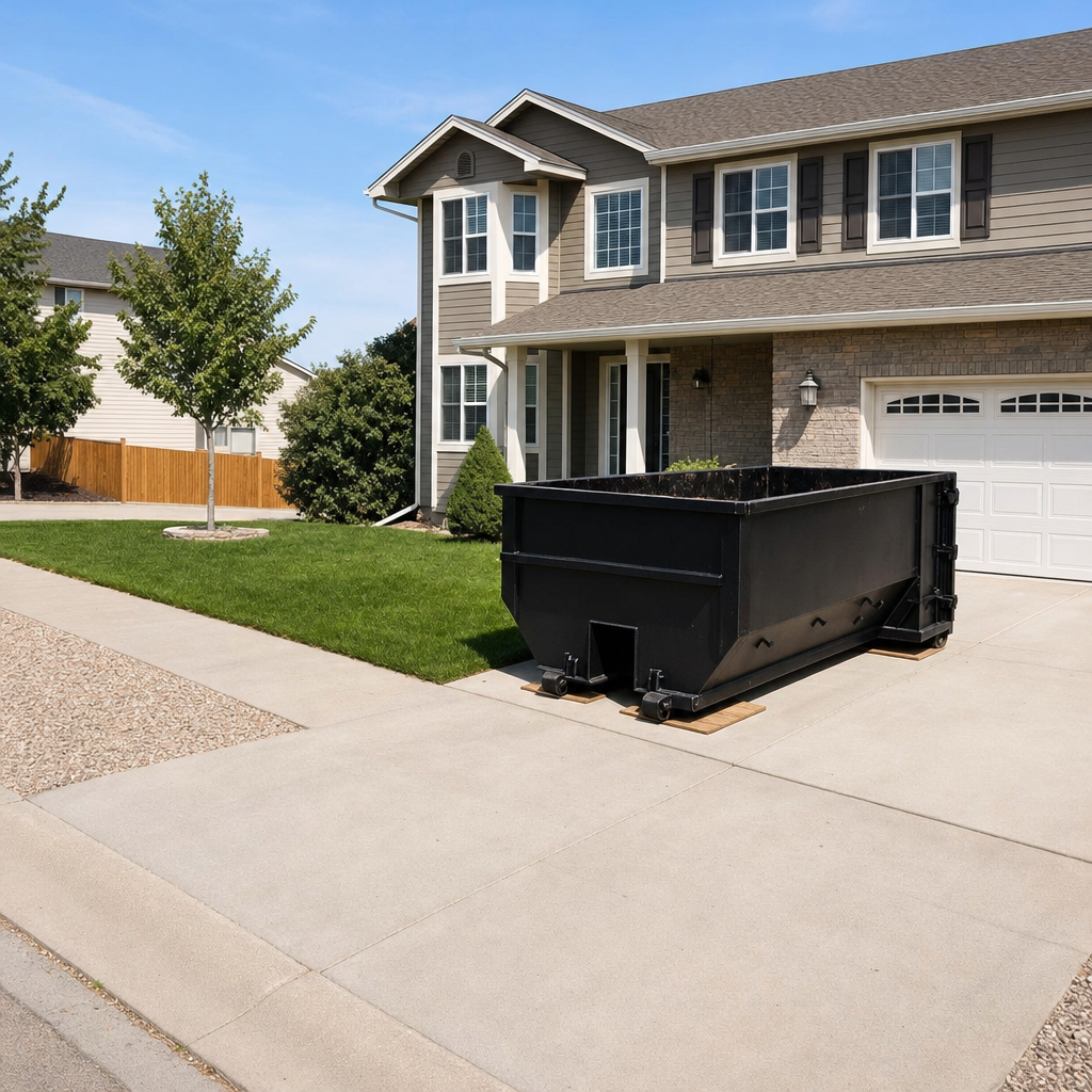 10-yard matte-black residential dumpster placed directly on a narrow Coon Rapids concrete driveway, room remains for a parked sedan beside it, mid-morning natural light