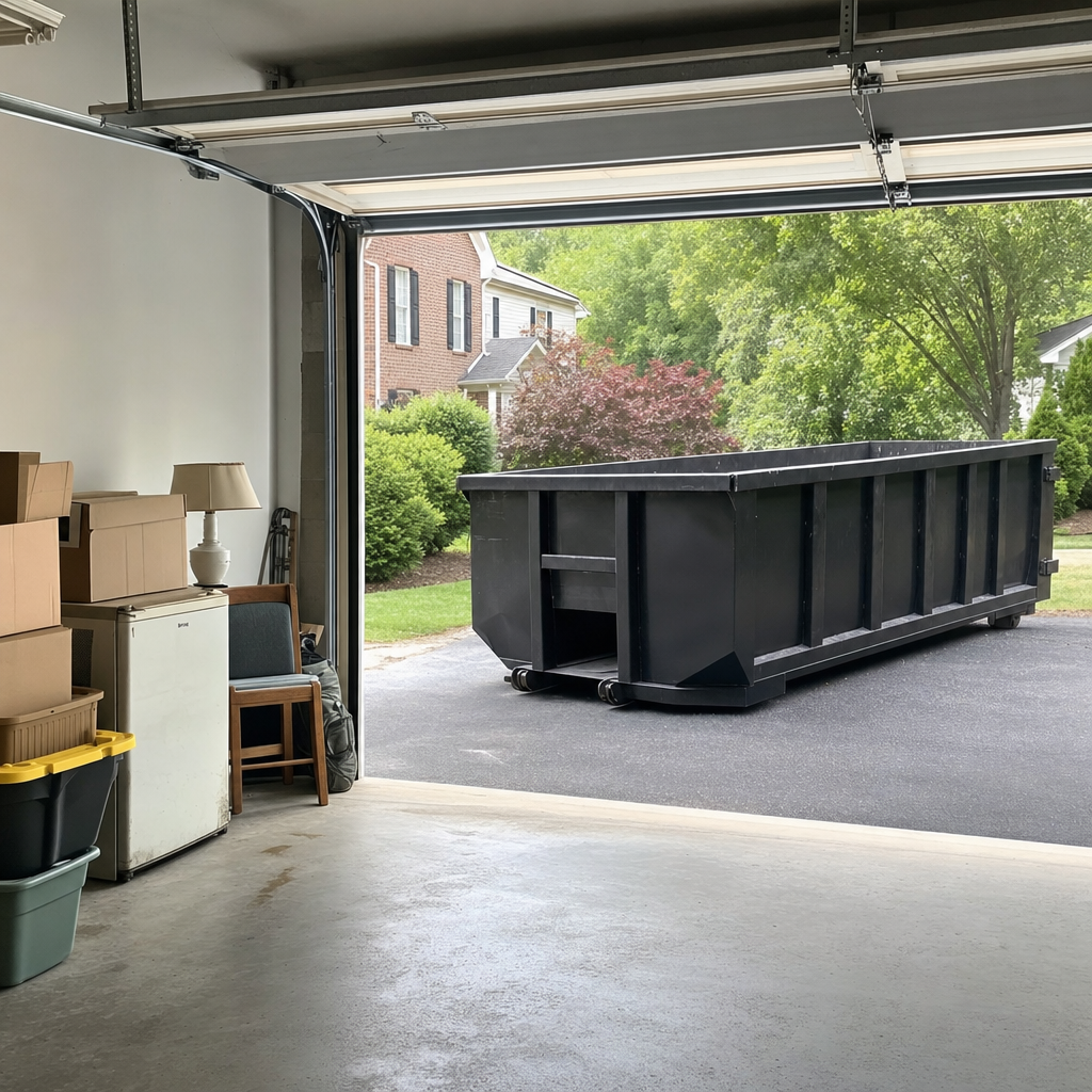 Open garage interior in a Coon Rapids home mid-cleanout — boxed items, an old appliance, and stacked yard tools queued near the driveway for a matte-black roll-off dumpster, organized and calm