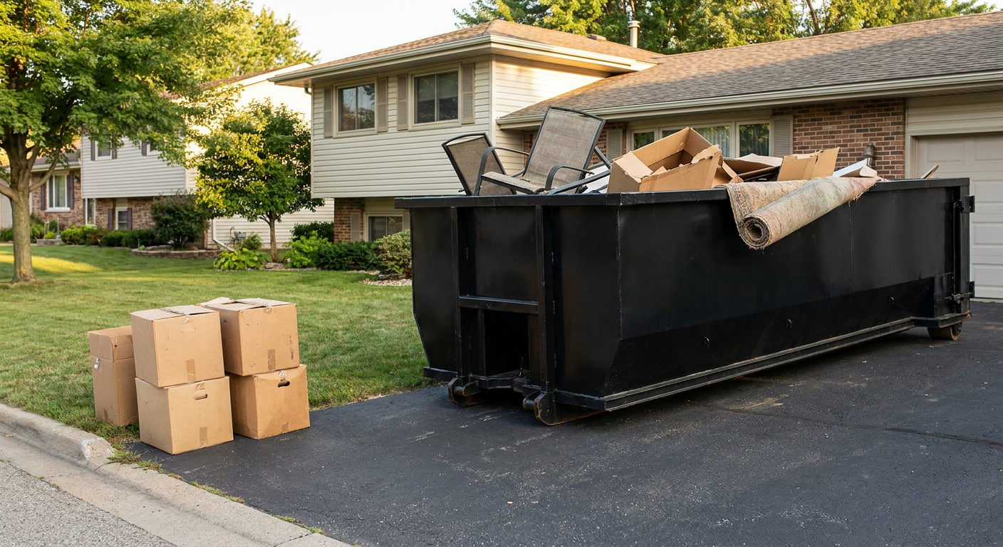 Front-yard view of a Coon Rapids split-level home with a 20-yard matte-black roll-off dumpster sitting directly on the asphalt driveway, a few clearly labeled donation boxes staged at the curb, calm sunny afternoon.