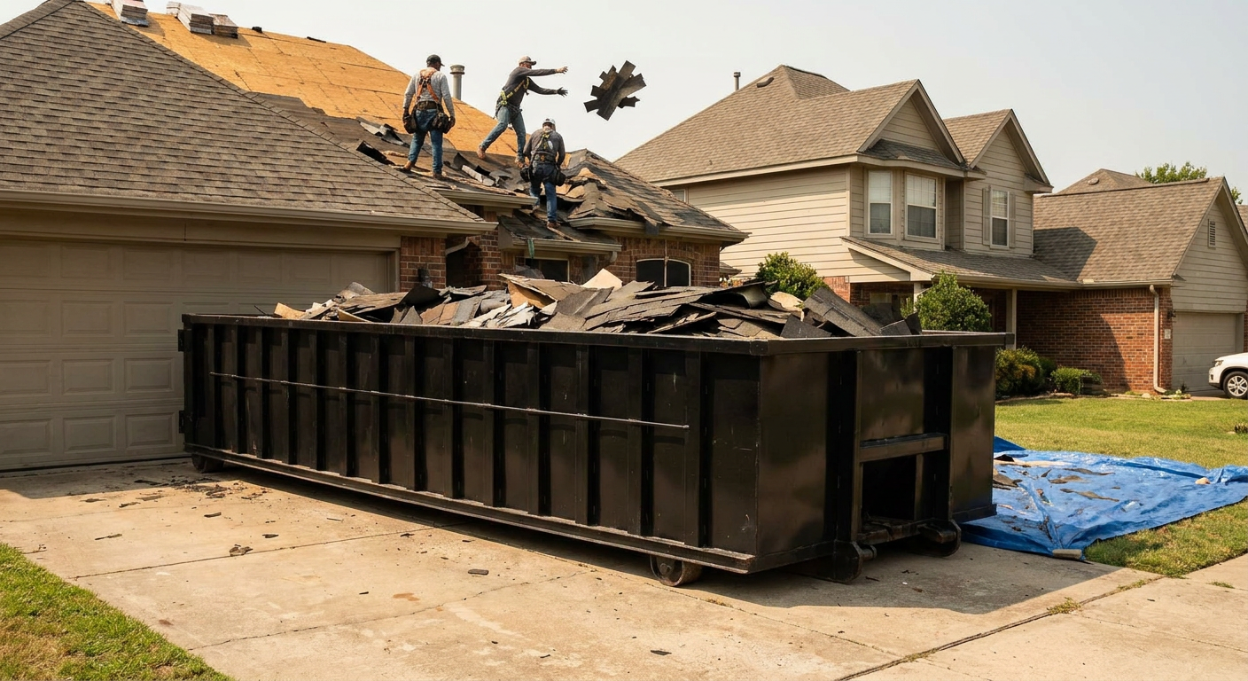 Matte-black roofing roll-off dumpster placed directly on a Coon Rapids residential concrete driveway, a tear-off crew on a two-story asphalt-shingle roof tossing shingle bundles into the low-walled container, bright daylight, documentary 35mm perspective.