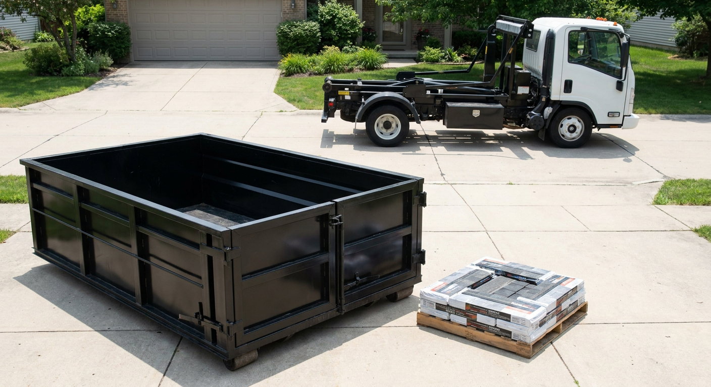 Matte-black 15-yard roofing roll-off dumpster with reinforced low side walls sitting directly on a Coon Rapids residential concrete driveway, three-tab asphalt shingle bundles stacked nearby, an unmarked white hauler truck partially visible at the edge of the frame.