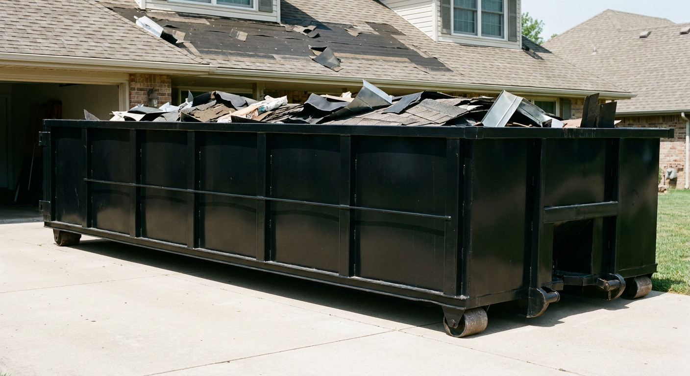 Matte-black 20-yard roofing roll-off dumpster with steel ribbed sides and swinging rear door, sitting directly on the concrete driveway of a two-story Coon Rapids home, asphalt shingle debris being loaded over the low wall, clean documentary lighting.