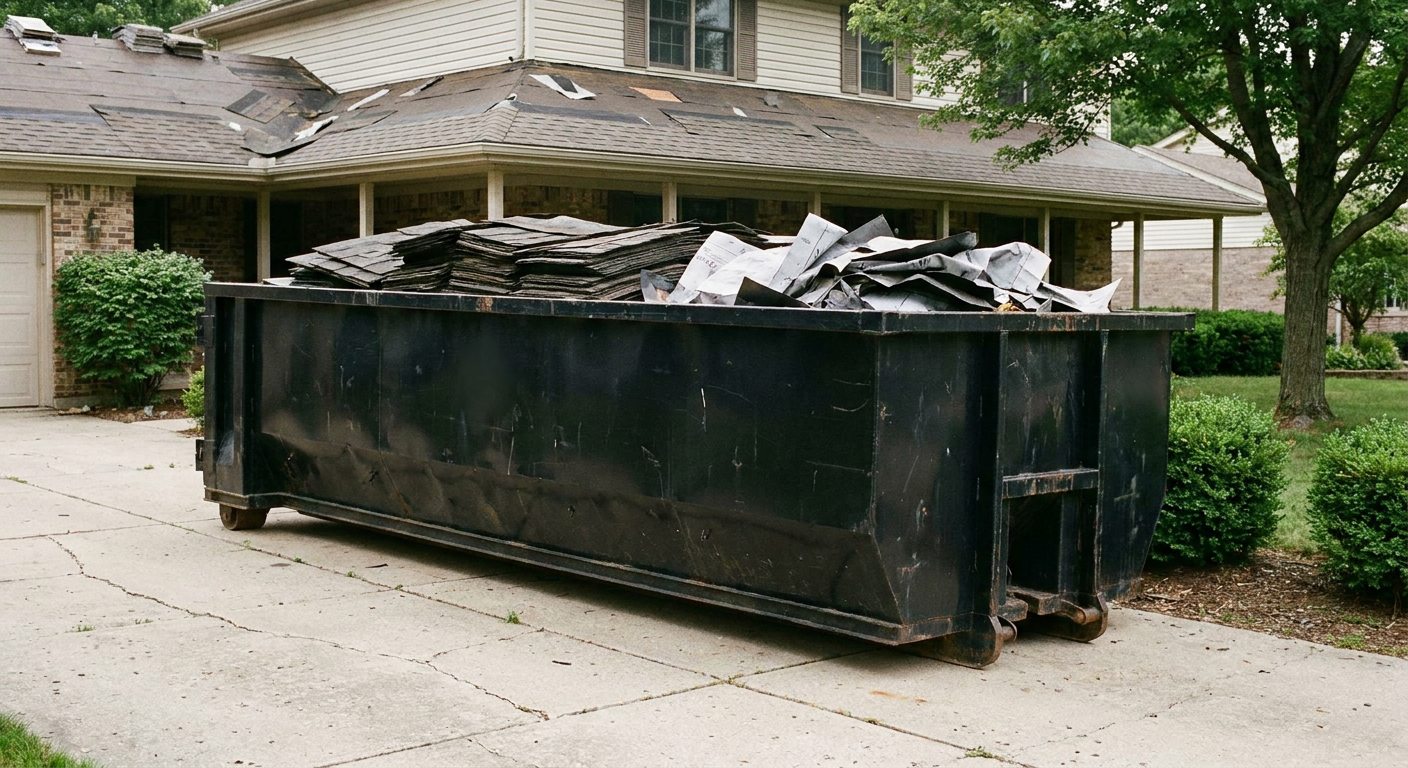 Matte-black 30-yard roofing roll-off dumpster sitting directly on a Coon Rapids concrete driveway, taller ribbed steel side panels, mixed tear-off debris of asphalt shingles and underlayment inside, professional documentary daylight.