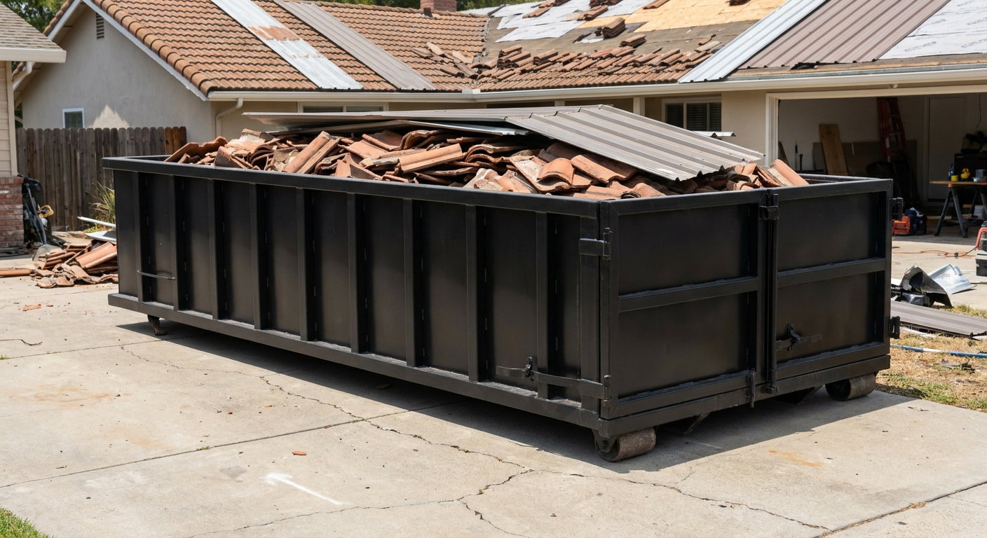 Matte-black low-wall heavy-debris roofing roll-off dumpster sitting directly on a Coon Rapids concrete driveway, broken concrete clay roof tiles and metal panel sections loaded inside, reinforced ribbed steel side walls visible, bright outdoor daylight.