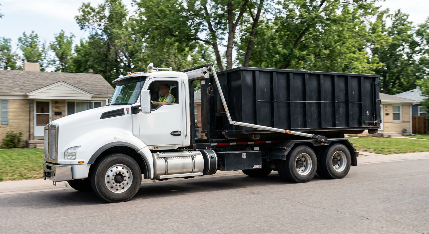 A wide documentary shot of a matte-black roll-off delivery truck pulling onto a quiet Coon Rapids residential street at mid-morning, with neighborhood rooftops and tree-lined blocks visible behind, showing the metro coverage footprint.
