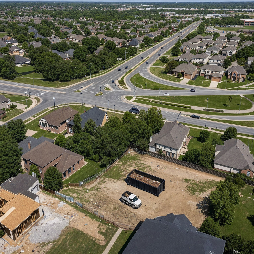 An overhead documentary view of the Coon Rapids metro area at midday, showing the spread of neighborhoods, arterial roads, and the dispatch radius from a central yard — clean daylight, organized geographic layout.