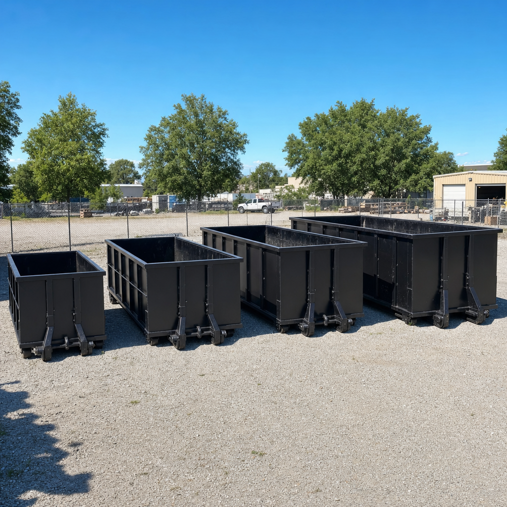 A clean lineup of matte-black roll-off dumpsters in 10, 20, 30, and 40-yard sizes staged on a sunlit gravel yard in Coon Rapids, showing the size progression from compact to commercial-scale containers.