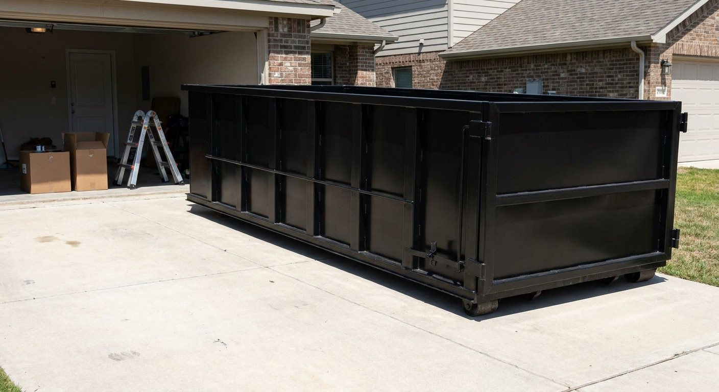 A matte-black 10-yard roll-off dumpster sitting directly on a residential Coon Rapids concrete driveway, mid-day sunlight, clean and ready for a garage cleanout.