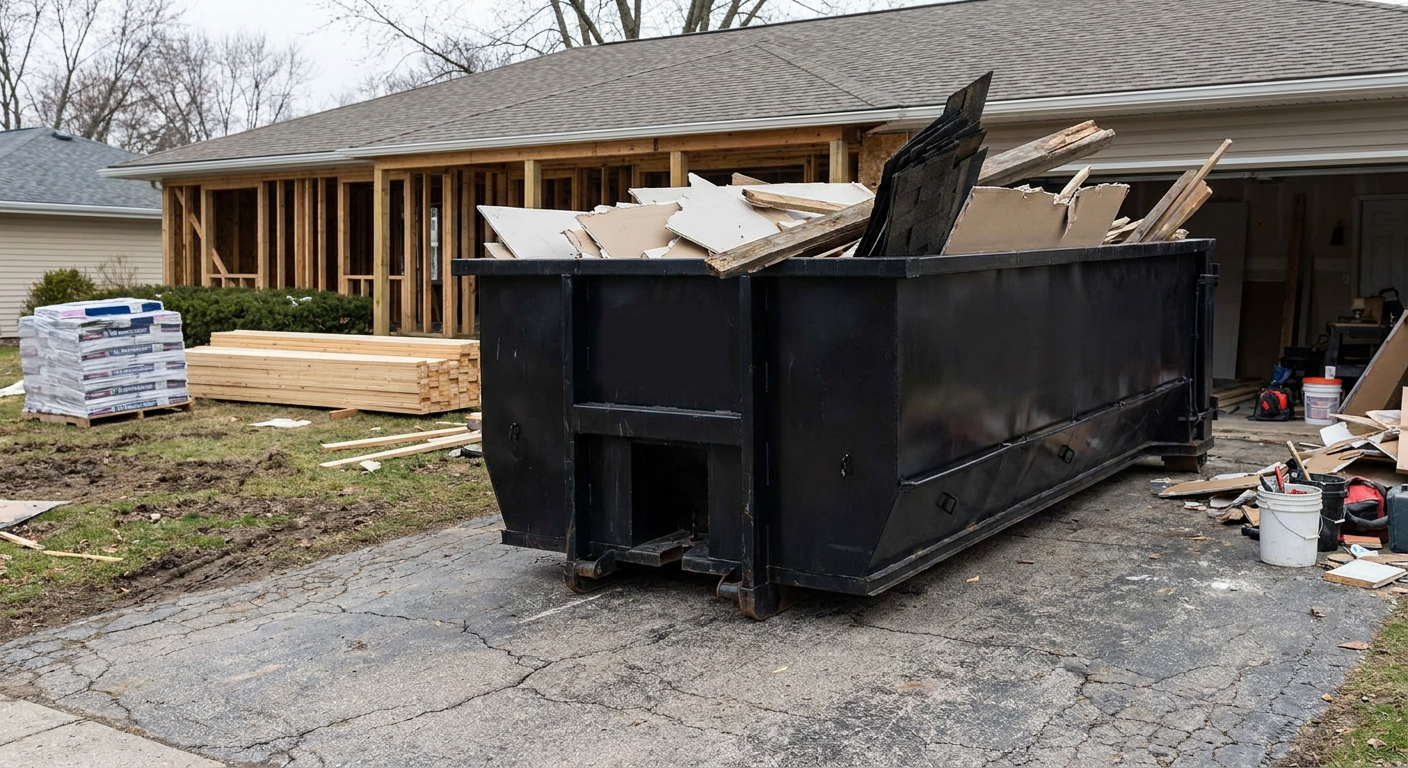A matte-black 20-yard roll-off dumpster placed alongside a mid-renovation Coon Rapids home directly on the asphalt driveway, with framing materials and torn-off shingles staged neatly nearby.