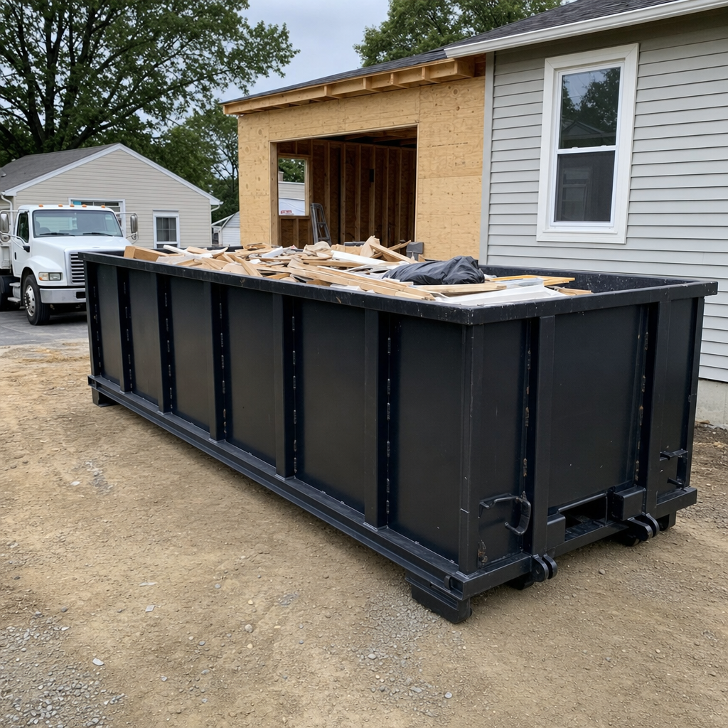 A matte-black 30-yard roll-off dumpster positioned at a Coon Rapids residential addition jobsite, with framing lumber and drywall scraps loaded through the open swinging rear doors.