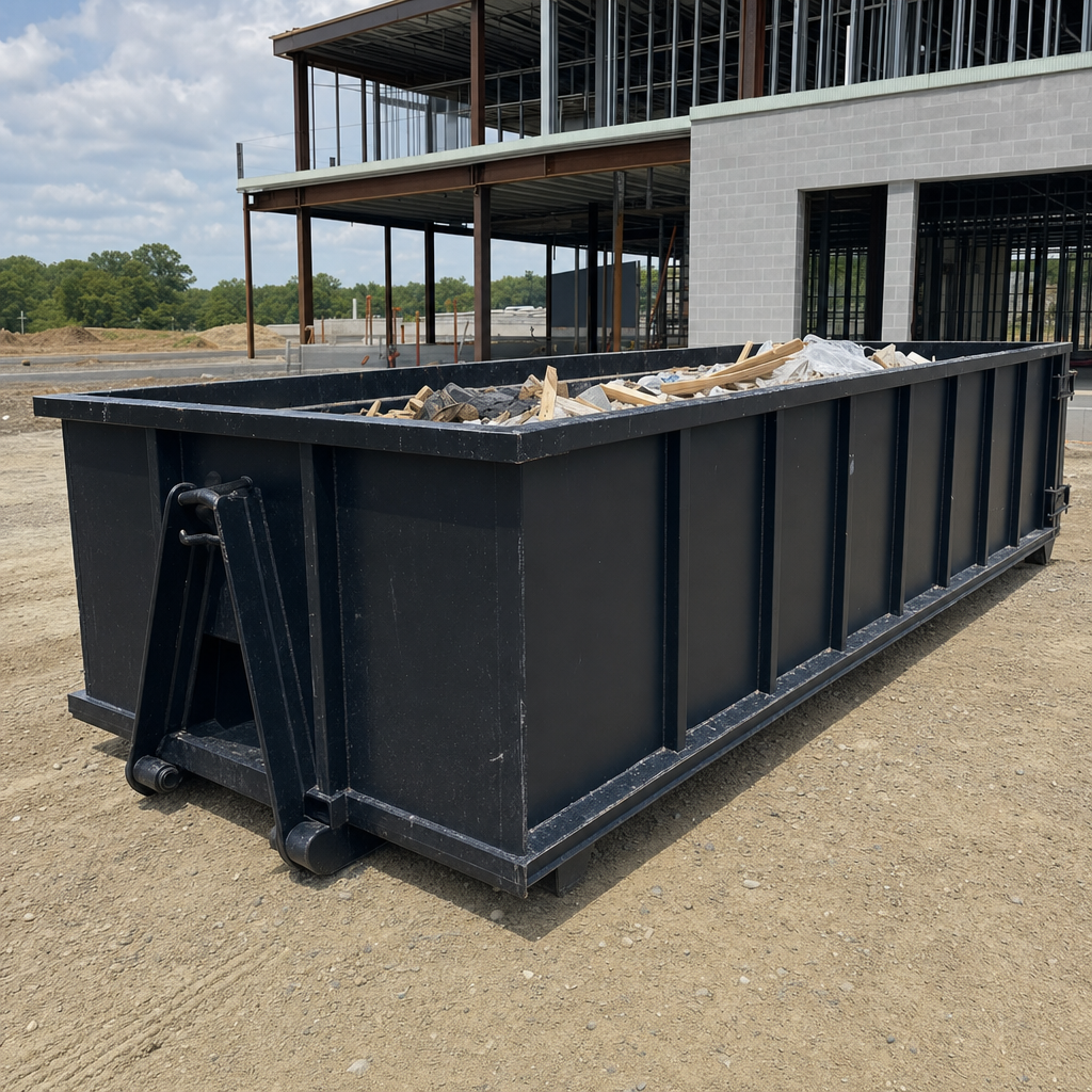 A matte-black 40-yard roll-off dumpster staged on a large Coon Rapids commercial construction lot, with a hooklift delivery truck parked alongside under bright midday sky.