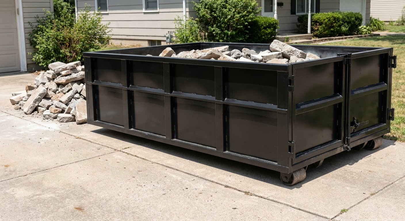 A matte-black low-side heavy-debris roll-off dumpster placed directly on a Coon Rapids concrete driveway, with broken concrete chunks neatly stacked beside it under clean daylight.